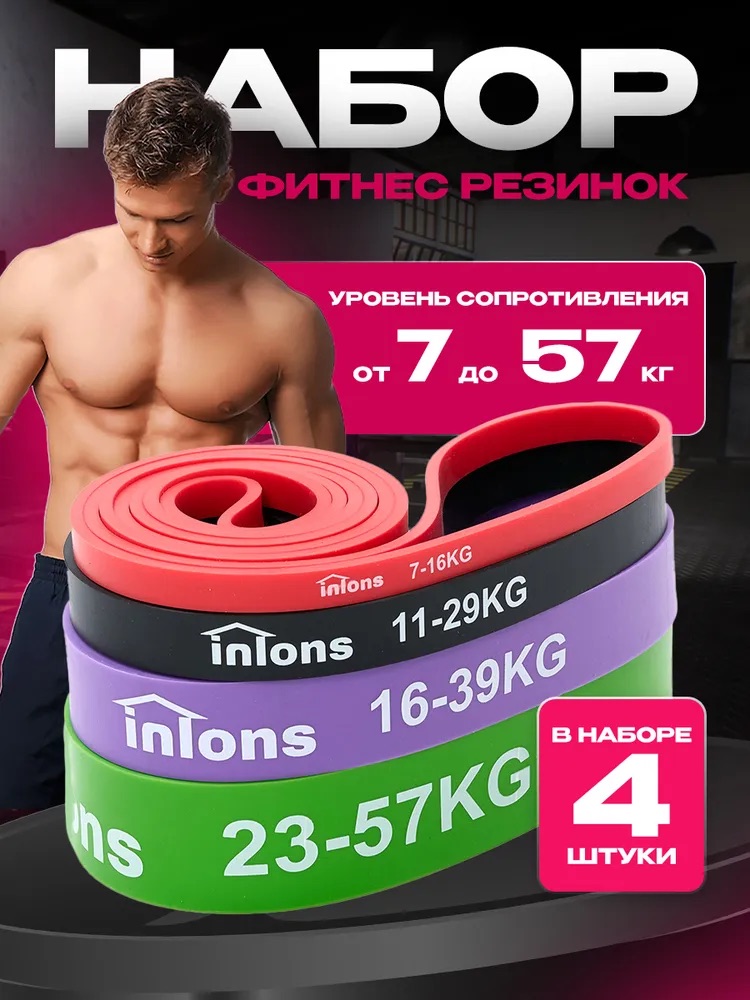 Резинки для фитнеса, набор 4 штуки (7-57 кг)